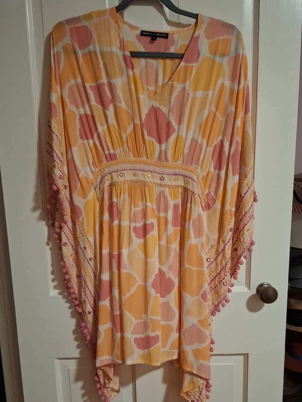 America & Beyond Pink & Yellow Printed V-Neck Romper with Pom Trim